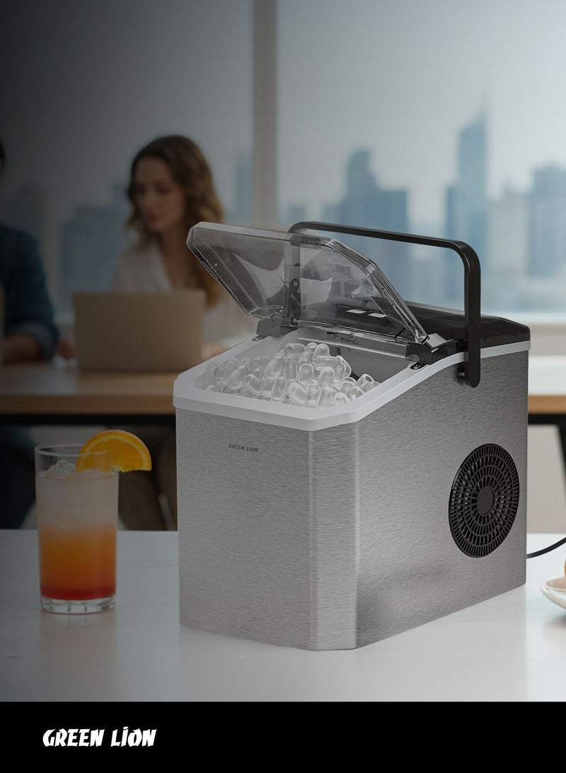 جرين ليون صانع الثلج المصنوع من الفولاذ المقاوم للصدأ مع مقبض، جهاز صانع الثلج ذاتي التنظيف مع حجمين من الثلج على شكل رصاصة، آلة ثلج صغيرة محمولة مع مغرفة وسلة للمطبخ المنزلي والمكتب والحفلات. - Image 3